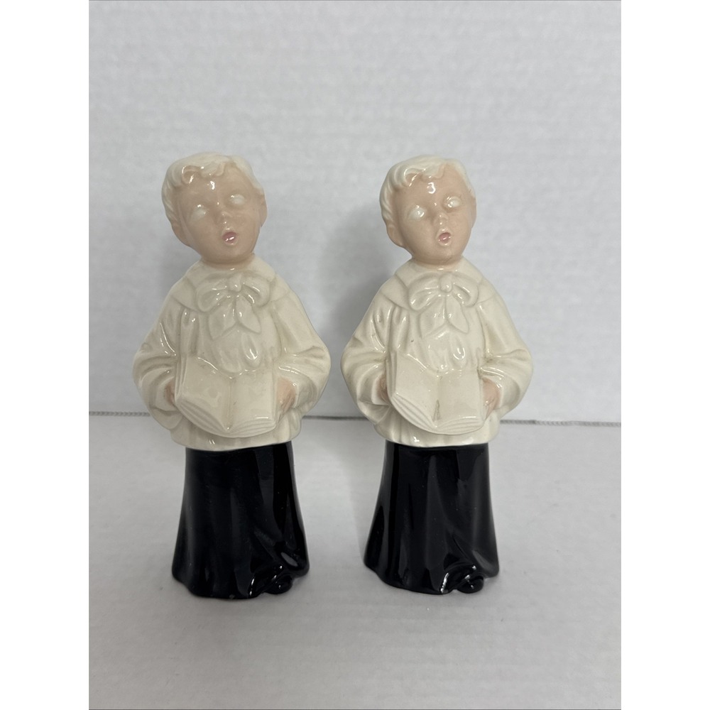 2 Vintage Holland‎ Mold Choir Altar Boys Ceramic Black White Robes 5.75" + Bonus